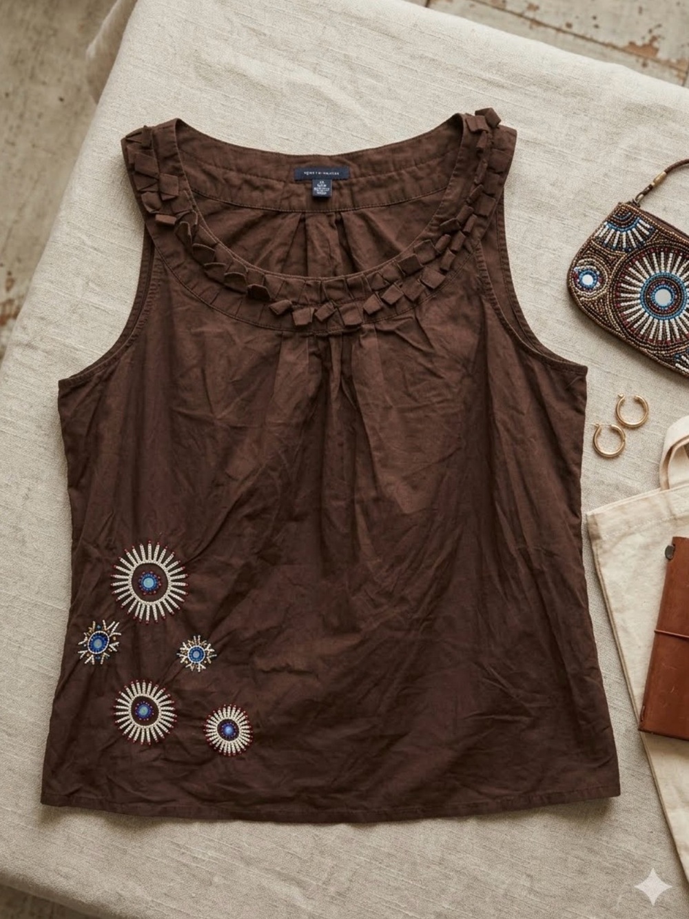 Tommy Hilfiger Boho Embroidered Brown Tank Top Sleeveless Blouse L/G 0359